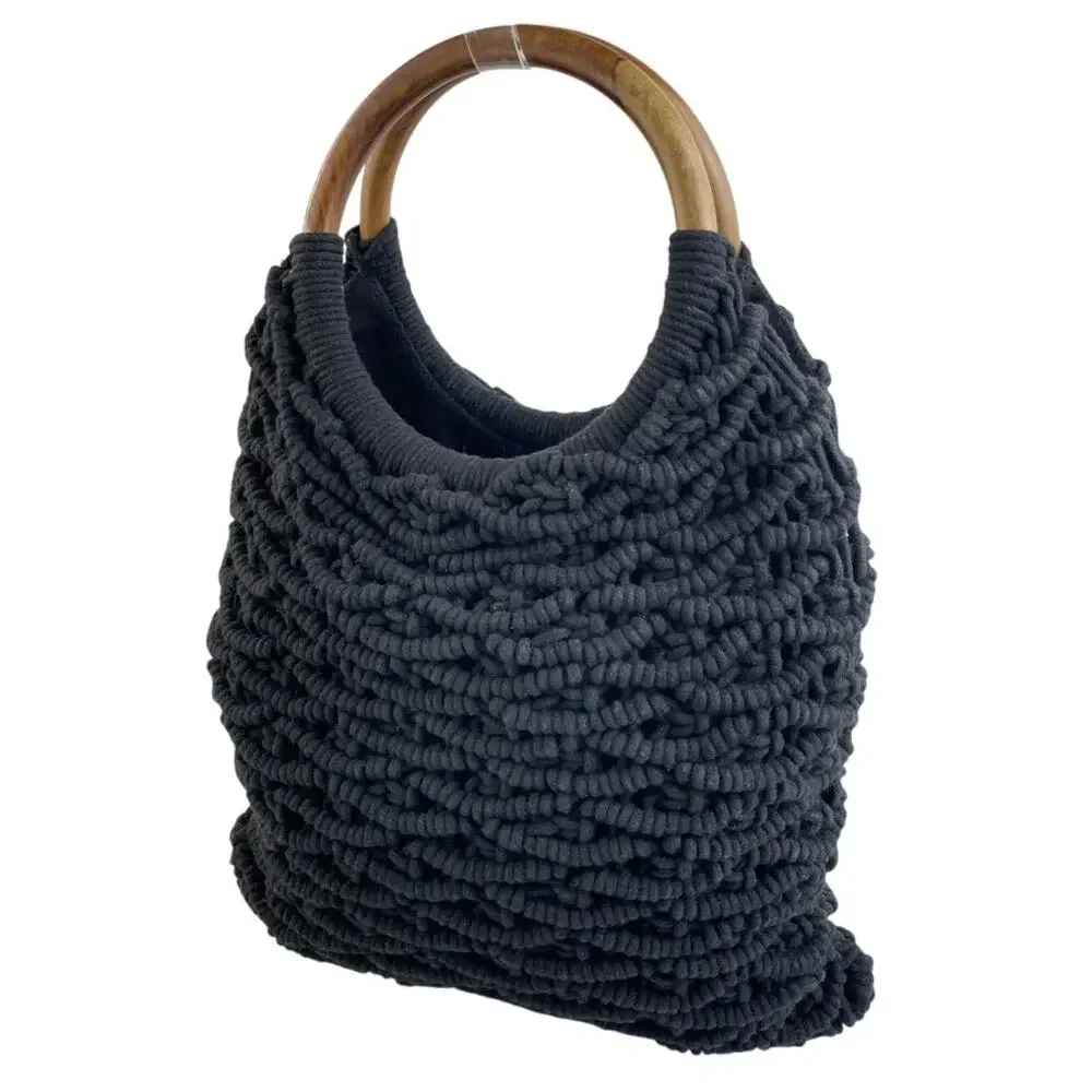 Sigrid Olsen Black Knit Hobo Bag with Wooden Handles